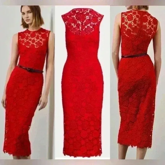 Ralph Lauren Collection Purple Label Embroidered Lace Red Midi Dress 10 M $2990